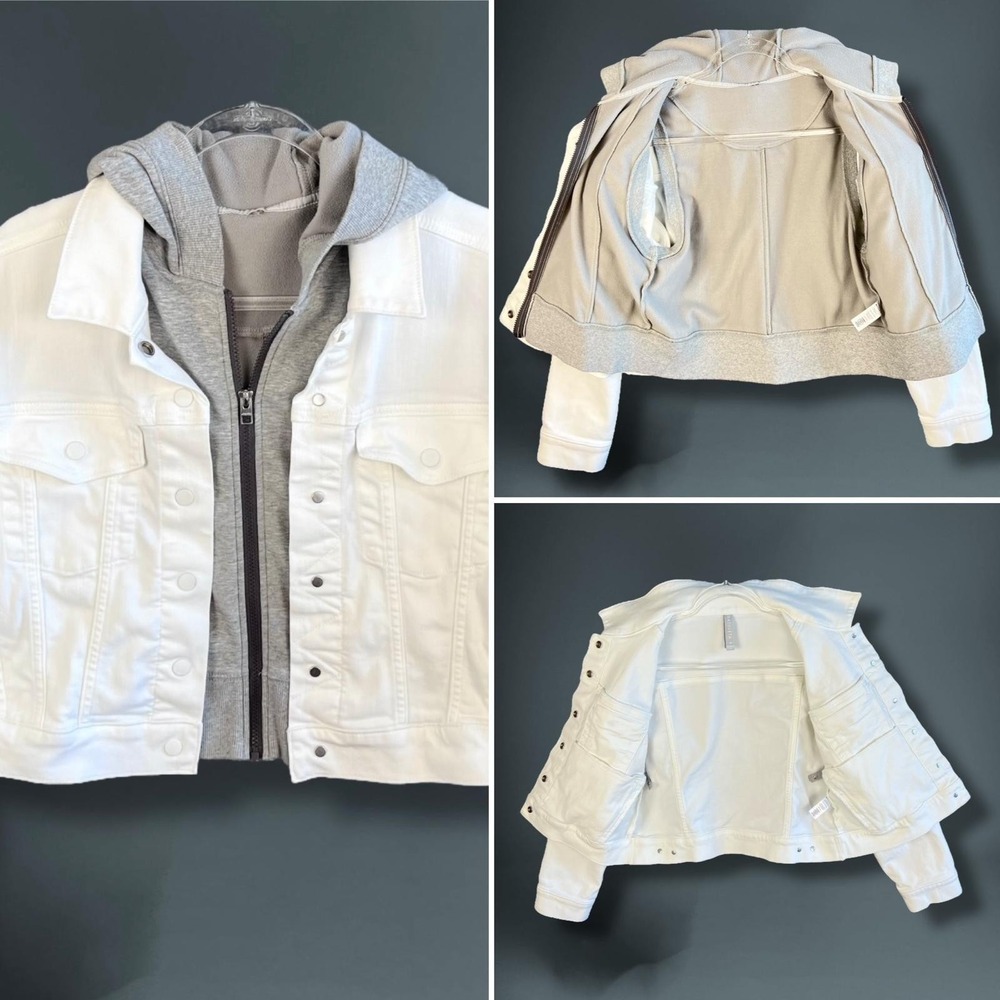 Athleta Jacket Womens Medium‎ White Denim Trucker Hooded Zip In Vest Layered - Picture 7 of 12